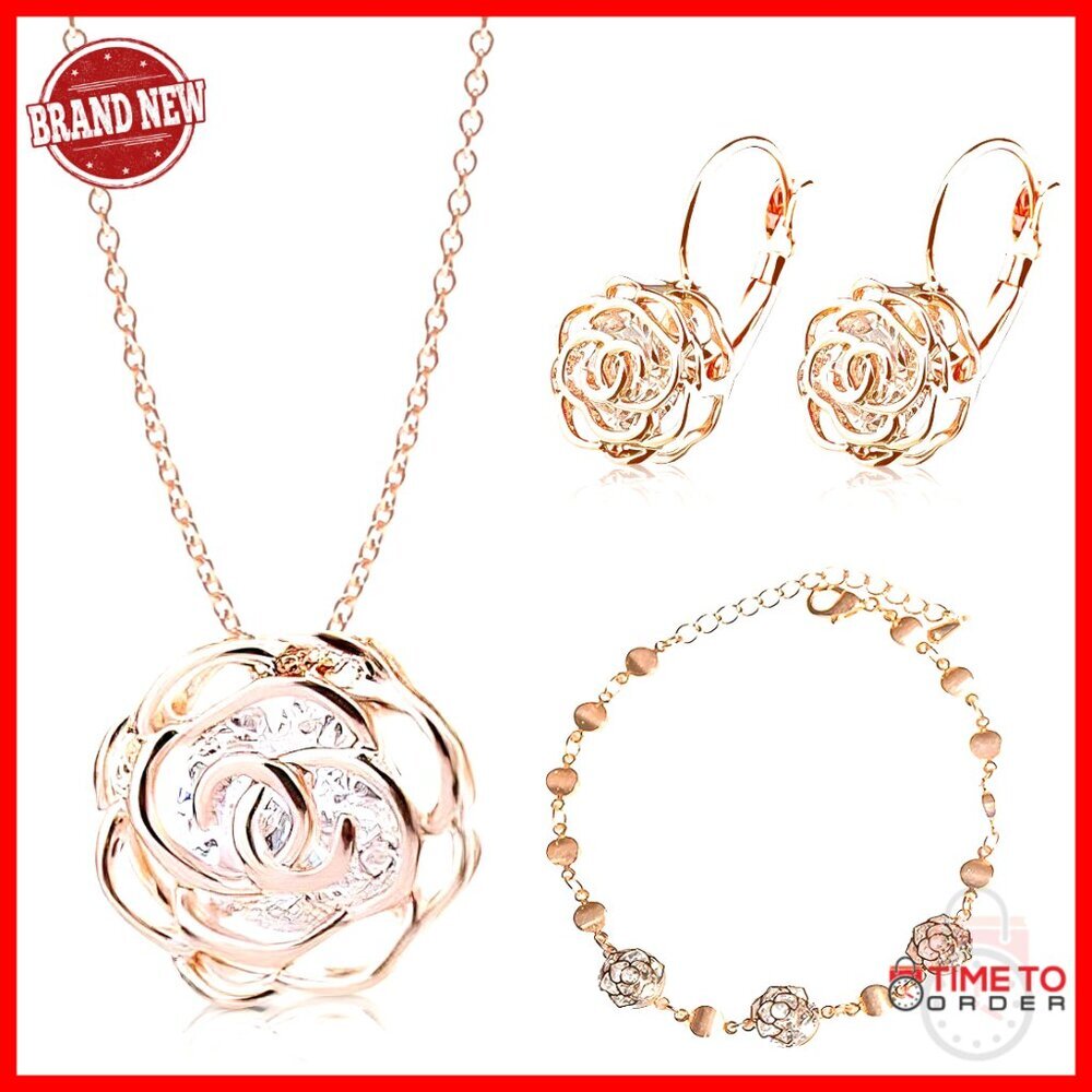 Elegant Crystal Rose Jewelry Set Gold Plated Formal Bridal Accessories